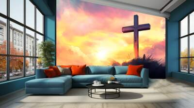 Christian easter. Conceptual religious symbol on a colorful sky at sunset.  Wall mural